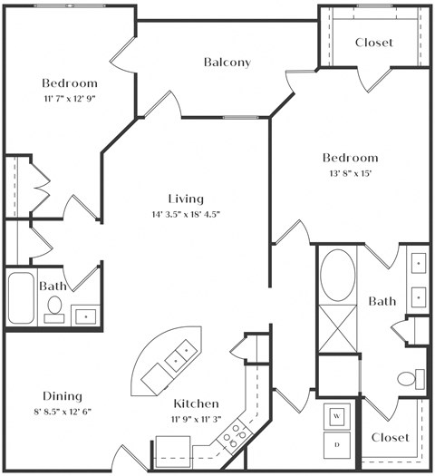Floor plan for 2 beds, 2 baths, 1329 sqft